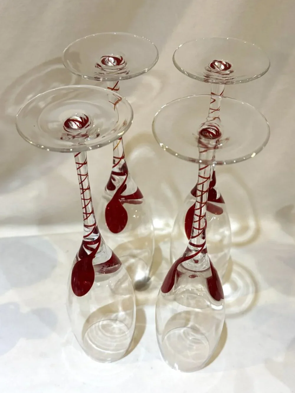 Set Of 4 Pier 1 One Red Swirled Stem Tear Drop Champagne Flute Wine Glass